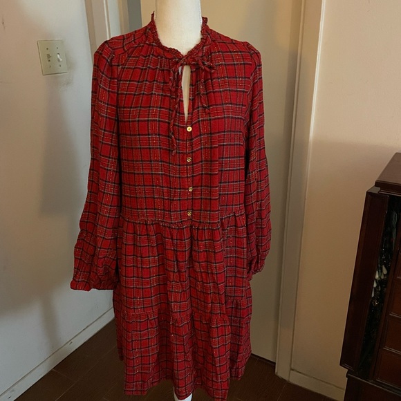 LOFT Ann Taylor Shimmer Red Plaid Tiered mini Dress size large gold buttons tie - Picture 5 of 16